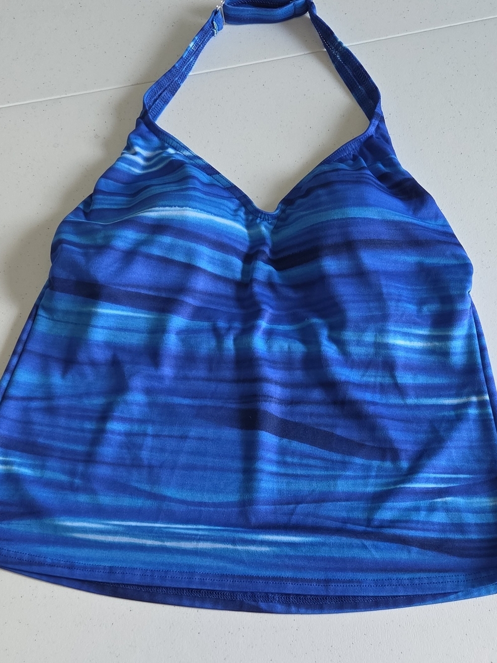 Blue Striped Women's Tankini Halter Top Built-in Bra Adjustable Strap 12